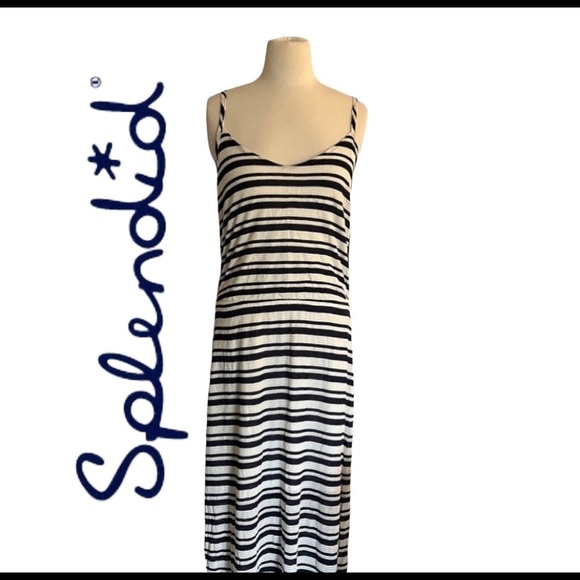 SPLENDID (NWT) Navy Striped Maxi Dress Size M Beautiful Knit Overlay - Picture 1 of 9
